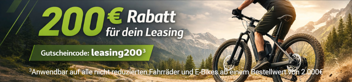 Dieser Banner zeigt eine Leasing Kampagne mit 200€ Rabatt auf nicht reduzierte Fahrräder und E-Bikes mit dem Code: leasing200