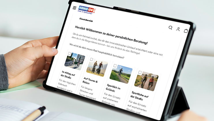 Tablet mit der Seite von Ebike-24.com Online Bikefinder