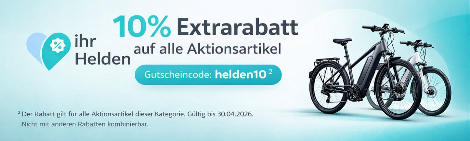 Werbebanner von ihr Helden: 10 Prozent Extrarabatt auf alle Aktionsartikel für E Bikes. Gutscheincode helden10. Gültig bis 30.04.2026.