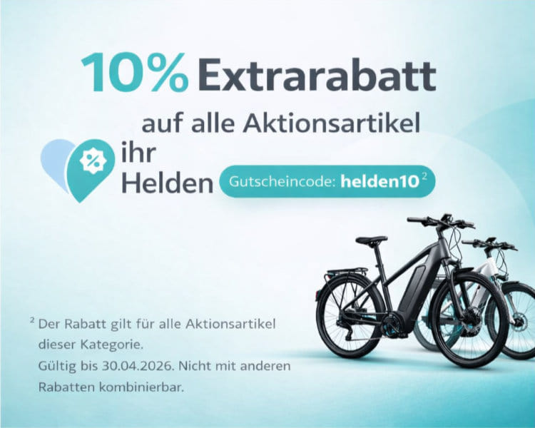 Werbebanner von ihr Helden: 10 Prozent Extrarabatt auf alle Aktionsartikel für E Bikes. Gutscheincode helden10. Gültig bis 30.04.2026.