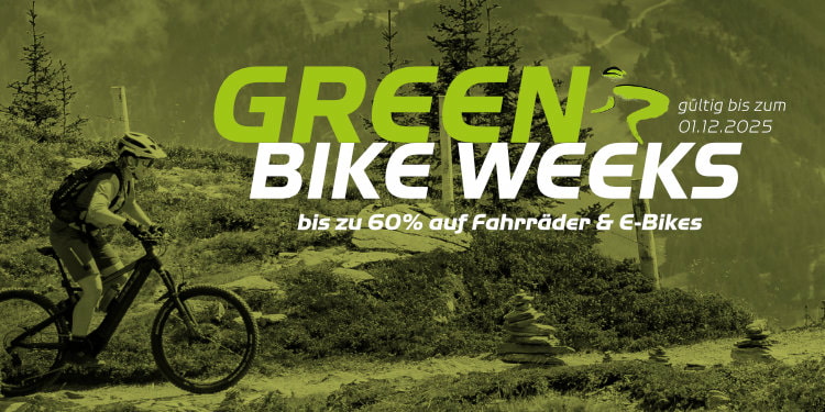 Banner für die Aktion Green Bike Weeks mit Rabatten von bis zu 60% auf Fahrräder und E-Bikes