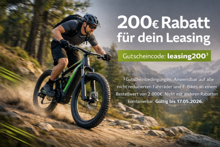 Dieser Banner zeigt eine Leasing Kampagne mit 200€ Rabatt auf nicht reduzierte Fahrräder und E-Bikes mit dem Code: leasing200